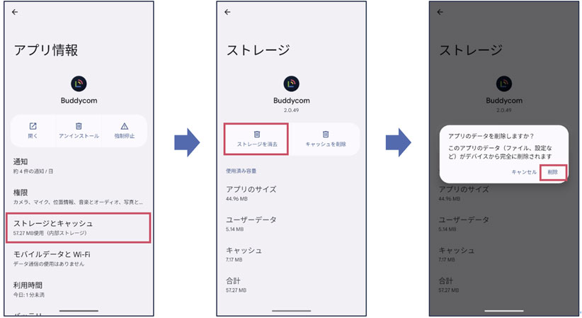 スマートフォンの設定＞アプリ＞Buddycom＞ストレージとキャッシュ＞ストレージを消去